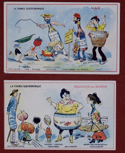 Salgsfremmende og pædagogiske kort til børn, der viser madspecialiteter fra Var og Bouches-du-Rhone-regionerne, ca. 1910 af French School